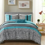 Mi Zone 4Pcs Full/Queen Comforter Set with Matching Sham and Décor Pillow, Polka Dot with Teal Leopard Print