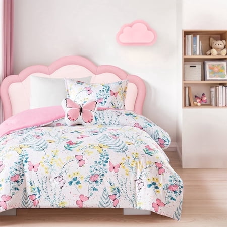 Regency Heights Full/Queen Size Comforter Sets, 4-Piece Kids Bedding Set for Girls, Butterfly Floral Comforter Bed Set, White/Pink