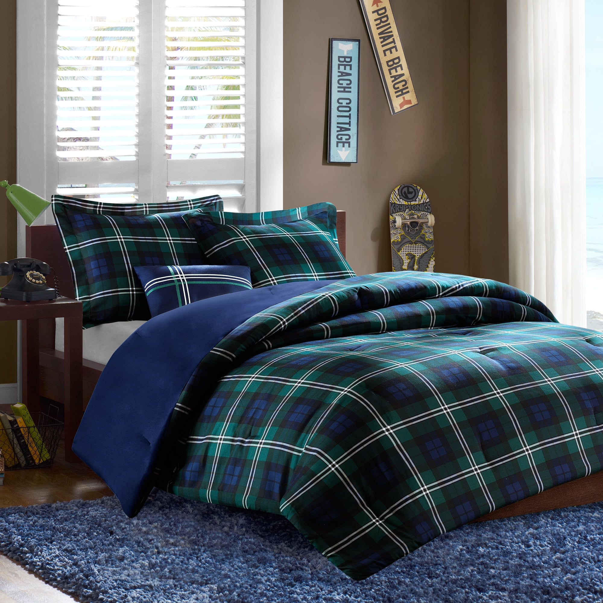 Full Blue Microfiber Reversible Plaid Bedspread Set