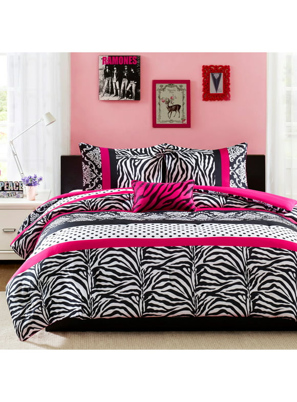 Mi Zone Full/Queen Child Comforter Set with Decor Pillow Pink Polka Dot Zebra Print 4Pcs Bedding