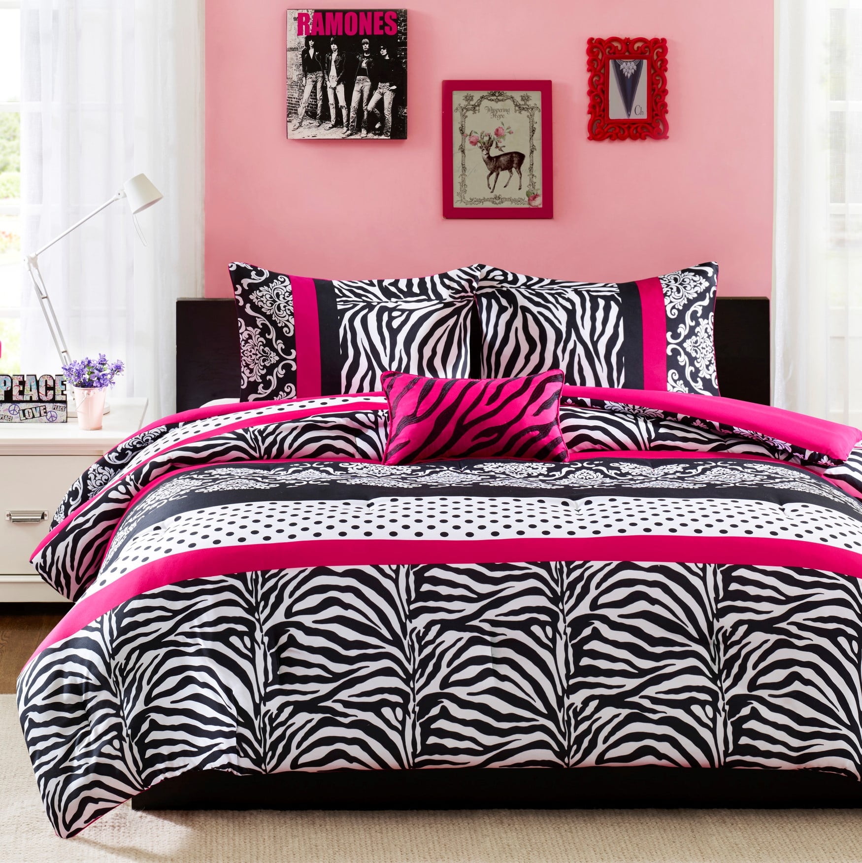 Full Pink Microfiber Zebra Print Kids Comforter Set