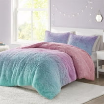 Mi Zone Full/Queen Faux Fur Comforter Set Ultra Soft 3-Piece Ombre Shaggy Purple Multi Bedding