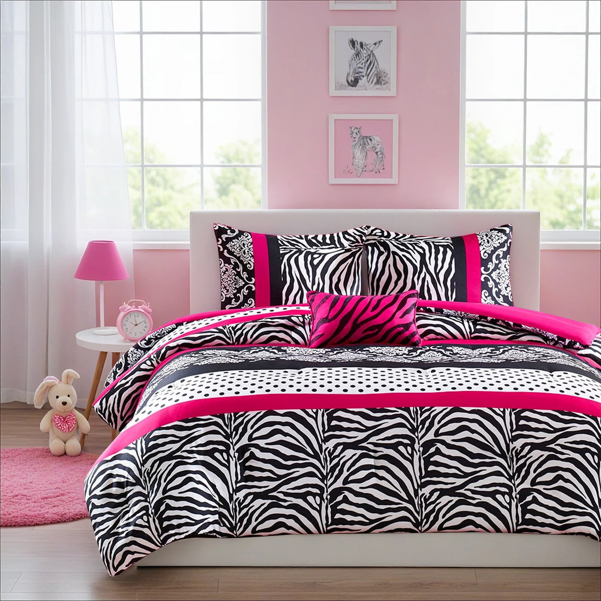 Mi Zone Full/Queen Comforter Set with Decor Pillow, Striped Damask, Zebra  Print, Pink, Black, White, 4Pcs Bedding - Walmart.com, image size:2000x2000