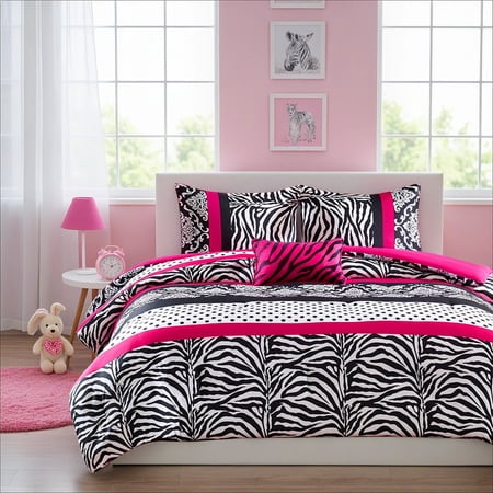Mi Zone Full/Queen Pink Zebra Print Kids Comforter Set 4 Piece Polka Dot Girl Dorm Bedding Sets with Decor Pillow