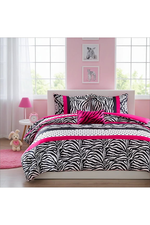 Mi Zone Full/Queen Pink Zebra Print Kids Comforter Set 4 Piece Polka Dot Girl Dorm Bedding Sets with Decor Pillow