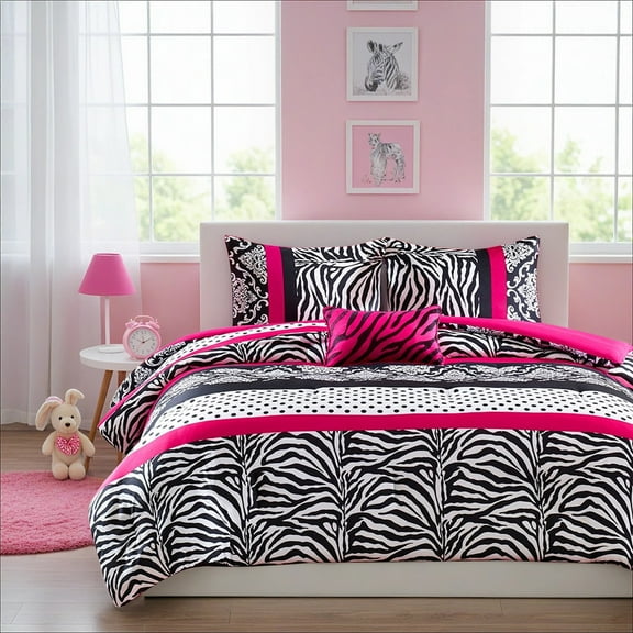 Mi Zone Full/Queen Pink Zebra Print Kids Comforter Set 4 Piece Polka Dot Girl Dorm Bedding Sets with Decor Pillow