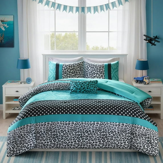 Mi Zone Full/Queen Teal Leopard Print Kids Comforter Set 4 Piece Polka Dot Dorm Bedding Sets with Matching Sham and Decor Pillow