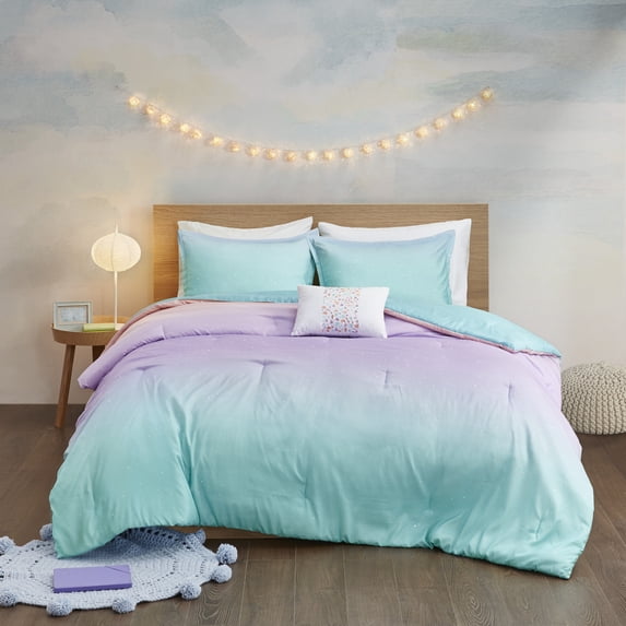 Mi Zone Glimmer Abstract Twin/Twin-XL Adult Reversible Comforter Set in Aqua with Metallic Glitter