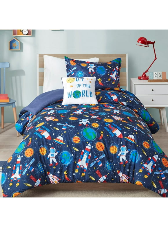 Mi Zone Kids Boys Bedding Outer Space Printed All Season Soft Comforter Set, 4pcs with Decor Pillow