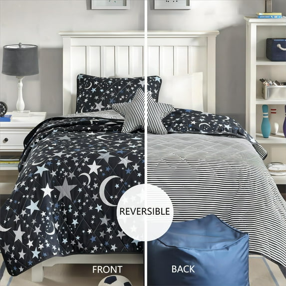 Mi Zone Kids Full/Queen Child Reversible Quilt Set with Decor Pillow Starry Night Charcoal Coverlet