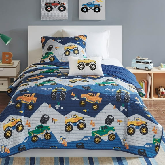 Mi Zone Kids Full/Queen Quilt Set with Throw Pillow 4-Piece Blue Monster Truck Reversible Bedspread