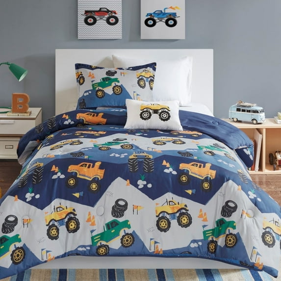 Regency Heights Full/Queen Size Comforter Sets, 4-Piece Kids Bedding Set for Boys, Monster Truck Comforter Bed Set, Blue