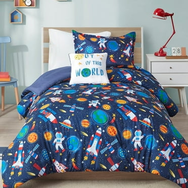 Mi Zone Kids Full/Queen Size Comforter Sets, 4-Piece Kids Bedding Set for Boys, Space Rocket Ship Comforter Bed Set, Navy