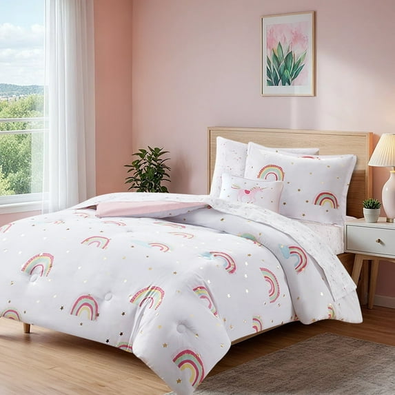 Mi Zone Kids Twin/Twin XL Size Comforter Sets, White Kids Bed in a Bag for Girls, 6-Piece Rainbow and Metallic Stars Girls Comforter Bedding Set with bed sheets