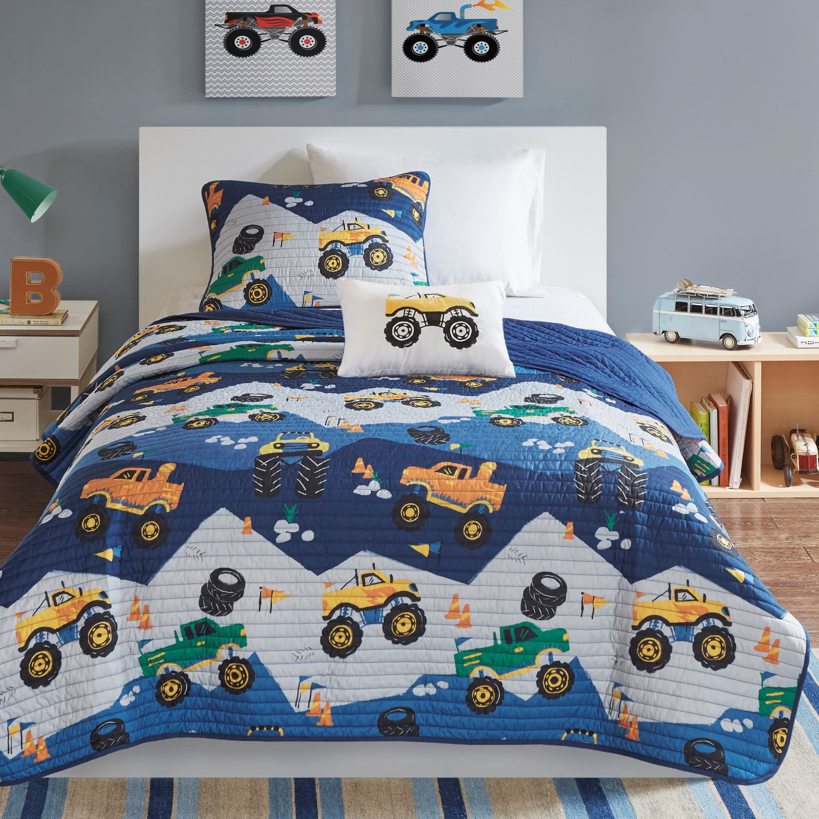 Blue Monster Truck Microfiber Reversible Twin Quilt Set