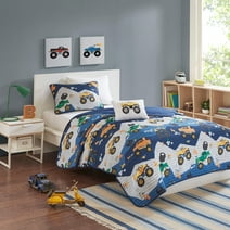 Mi Zone Kids Twin/Twin-XL Quilt Set with Throw Pillow 3-Piece Blue Monster Truck Reversible Bedspread
