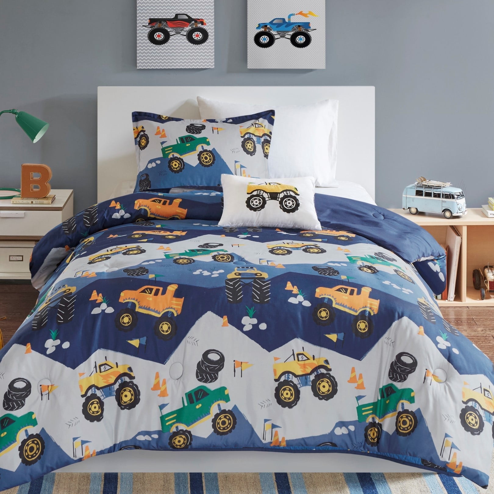 Blue Twin Monster Truck Reversible Comforter Set