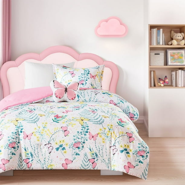 Mi Zone Kids Twin Twin XL Size Comforter Sets 4 Piece Kids Bedding Set for Girls Butterfly Floral Comforter Bed Set White Pink
