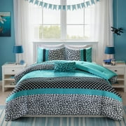 Mi Zone King/Cal King Teal Leopard Print Kids Comforter Set 4 Piece Polka Dot Dorm Bedding Sets with Matching Sham and Decor Pillow