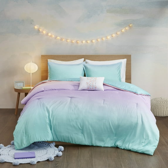 Mi-Zone Metallic Glitter Abstract Pattern Full/Queen Comforter Set with 4-Piece Reversible Down Alternative - Aqua for Adult