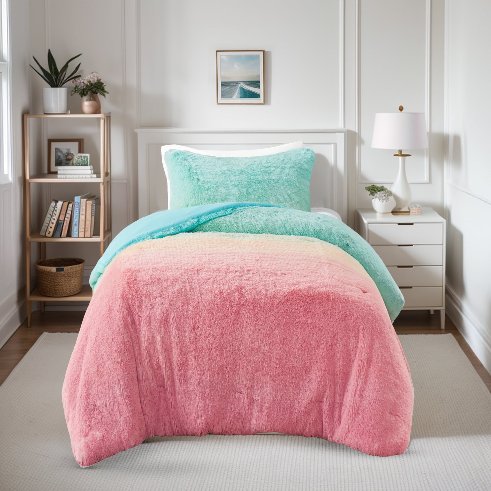 Twin Aqua Multi Faux Fur Down Alternative Comforter Set