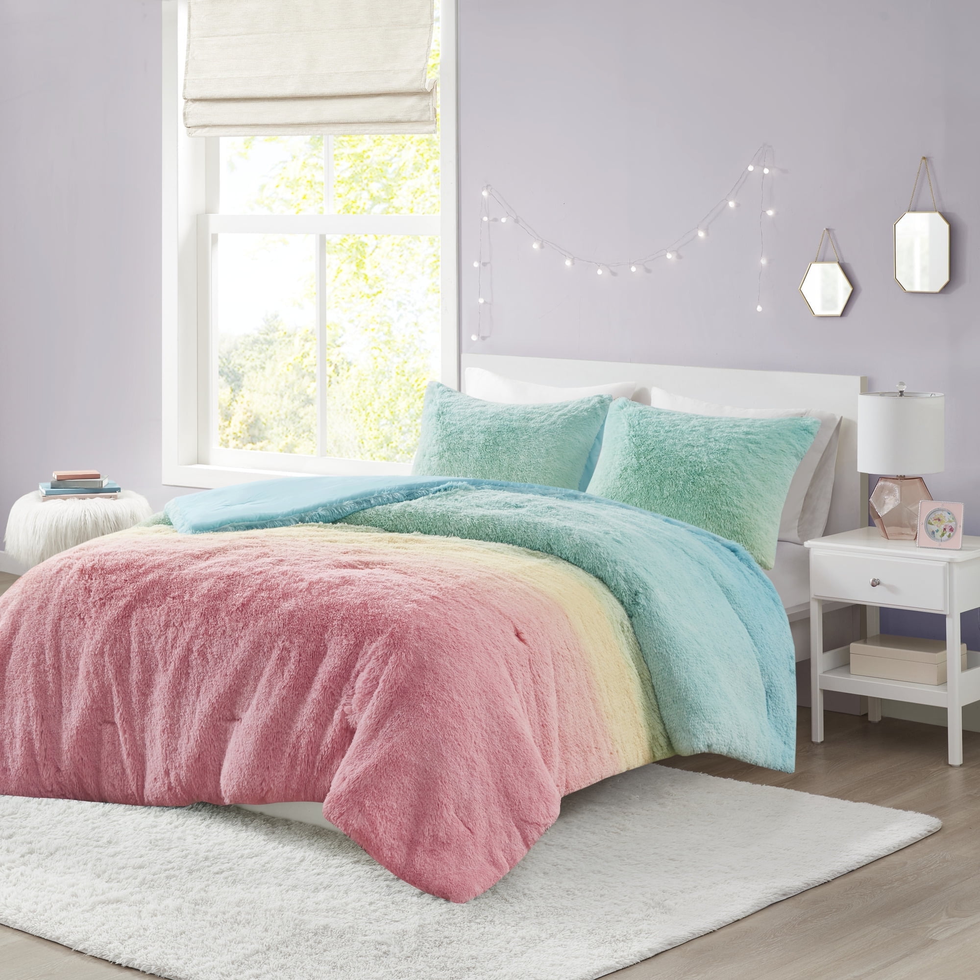 Twin Aqua Multi Faux Fur Down Alternative Comforter Set