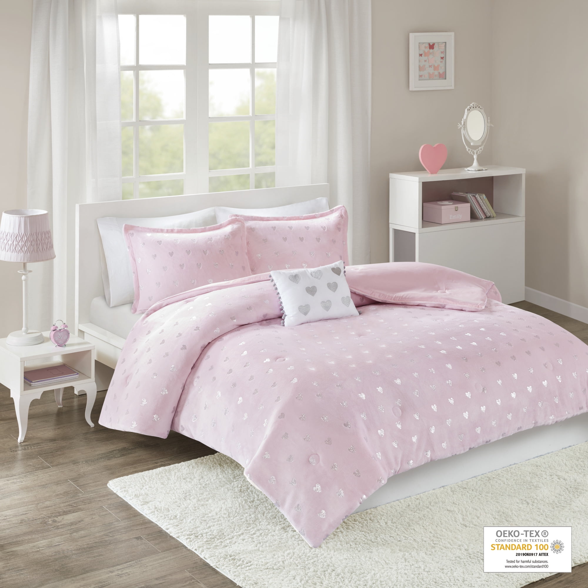 Pink Microfiber Full Kids Comforter Set with Metallic Hearts