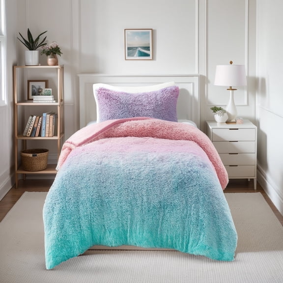 Mi Zone Shaggy Faux Fur Twin/Twin XL Comforter Sets, Striped Ombre Design, Purple, 2-Piece
