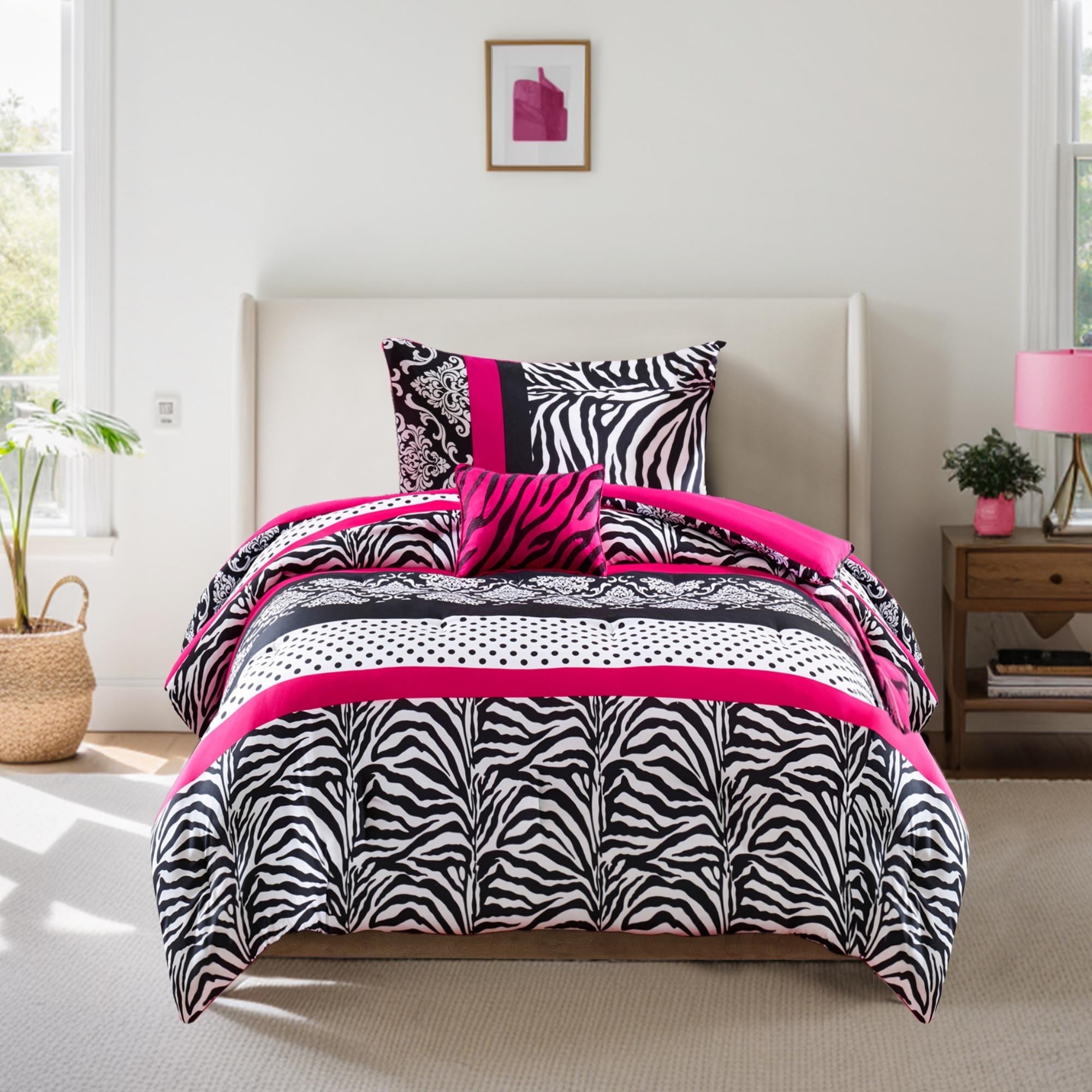 Twin XL Pink Zebra Print Microfiber Comforter Set