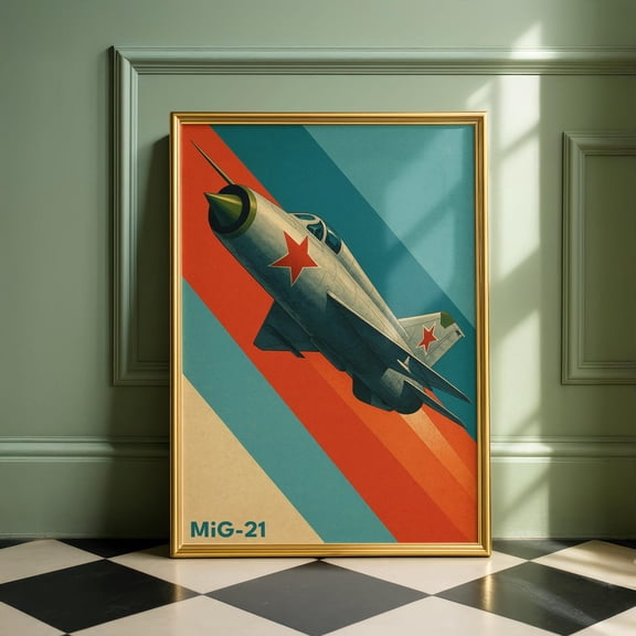 MiG 21 Jet Fighter Retro Cold War Aviation Illustration, Unframed Poster