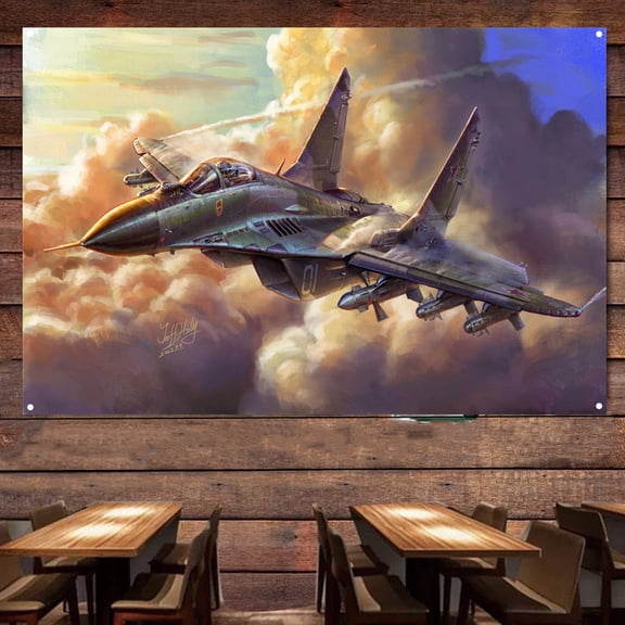 MiG-29 Fighter Jet Wall Decor Tapestry - Attack Aircraft Canvas Print Poster - Air Force Banner Wall Hanging Flag - Military Aviation Artwork For Army Fans 38" x 57"