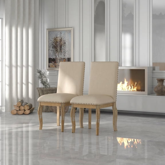 MiHowe Set of 2 Wood Upholstered Dining Chairs with Nailhead, Curved Legs Fabric Dining Room Chairs for Farmhouse Kitchen