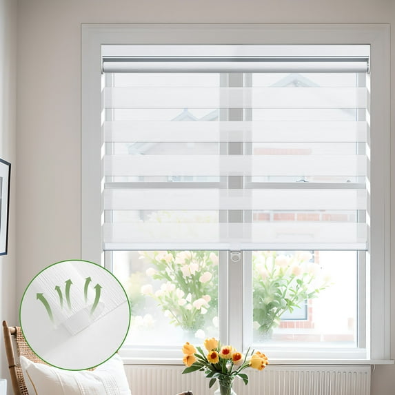 MiLin Cordless Zebra Blinds Light Filtering Zebra Windows Shades Dual Layer Free-Stop Roller Shades Privacy Reduce Noise Zebra Shades for Indoor Windows (Light Filtering White, 34" W X 72" H)