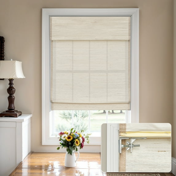 MiLin No Tools No Drill Cordless Roman Shades Privacy Linen Blackout Roman Window Natural Fabric Blinds for Windows Treatment Bedroom Living Room (River Oaks, 30 1/2" W X 60" H)