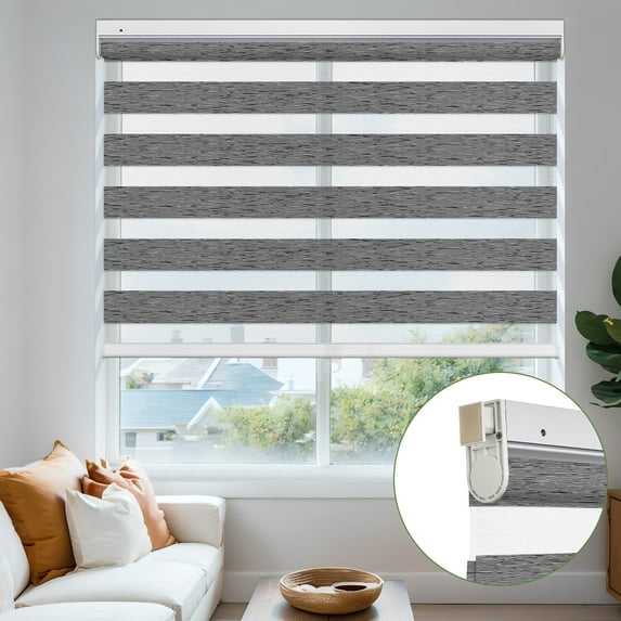MiLin No Tools No Drill Cordless Zebra Blinds Blackout Zebra Windows Shades Dual Layer Roller Shades Thermal Insulated Reduce Noise Zebra Shades for Windows (Light Filtering Black, 46"W X 72"H)