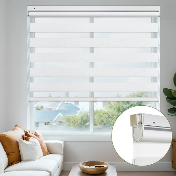 MiLin No Tools No Drill Cordless Zebra Blinds Blackout Zebra Windows Shades Dual Layer Roller Shades Thermal Insulated Reduce Noise Zebra Shades for Windows (Light Filtering White, 28"W X 60"H)