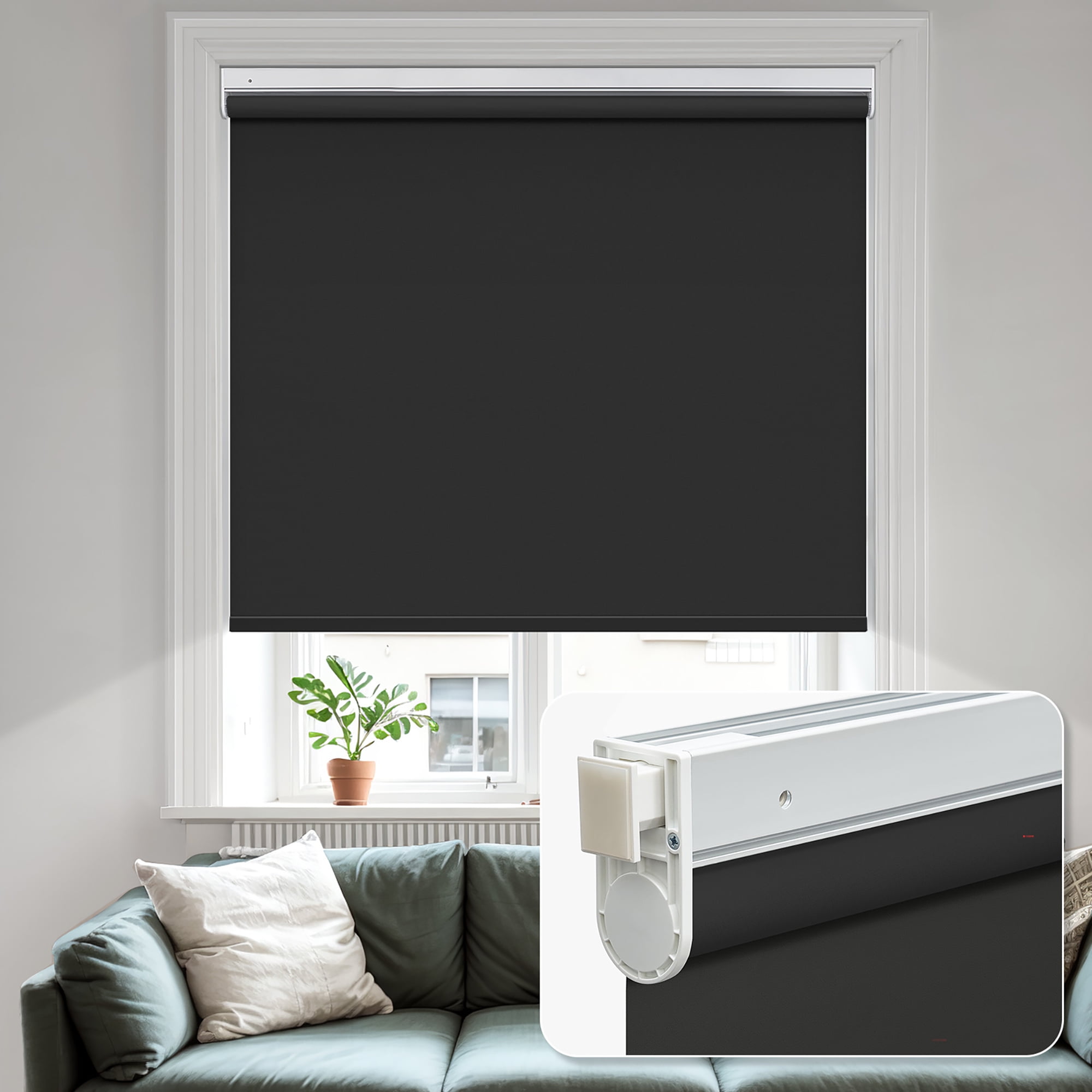 MiLin No Tools No Drill Cordless Roller Shades Roller Windows Shades Thermal Insulated Reduce Noise Privacy Window Roller Blinds for Indoor Windows (Blackout Black, 56" W X 72" H)