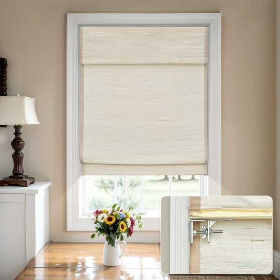 MiLin No Tools No Drill Cordless Roman Shades Privacy Linen Blackout Roman Window Natural Fabric Blinds for Windows Treatment Bedroom Living Room (River Oaks, 34 3/4" W X 48" H)