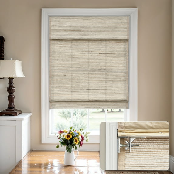 MiLin No Tools No Drill Cordless Roman Shades Privacy Linen Blackout Roman Window Natural Fabric Blinds for Windows Treatment Bedroom Living Room (Sugar Land, 34" W X 48" H)