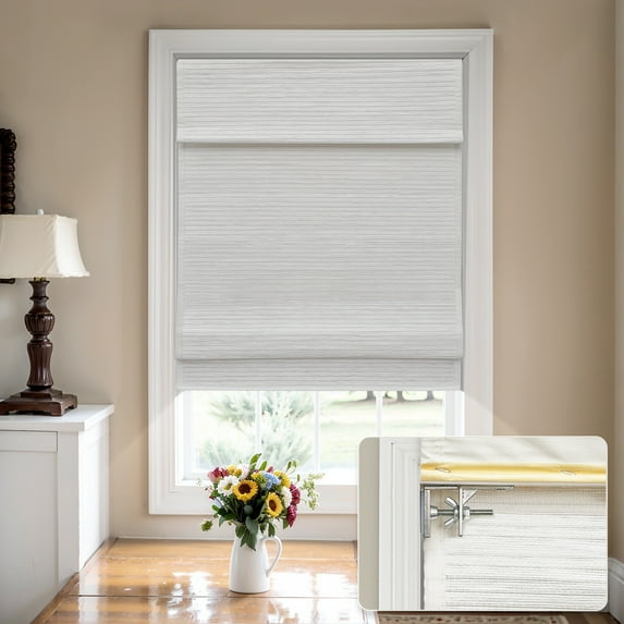 MiLin No Tools No Drill Cordless Roman Shades Privacy Linen Blackout Roman Window Natural Fabric Blinds for Windows Treatment Bedroom Living Room (Woodlands White, 19 3/4" W X 72" H)