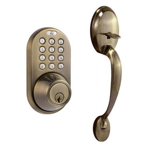 MiLocks Digital Deadbolt Door Lock and Passage Handleset Combo, Antique Brass Finish with Keyless Entry via Remote Control and Keypad Code for Exterior Doors (BXF-02AQ)
