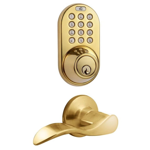 MiLocks Digital Deadbolt Door Lock and Passage Lever Combo, Polished Brass Finish with Keyless Entry via Remote Control and Keypad Code for Exterior Doors (XFL-02P)