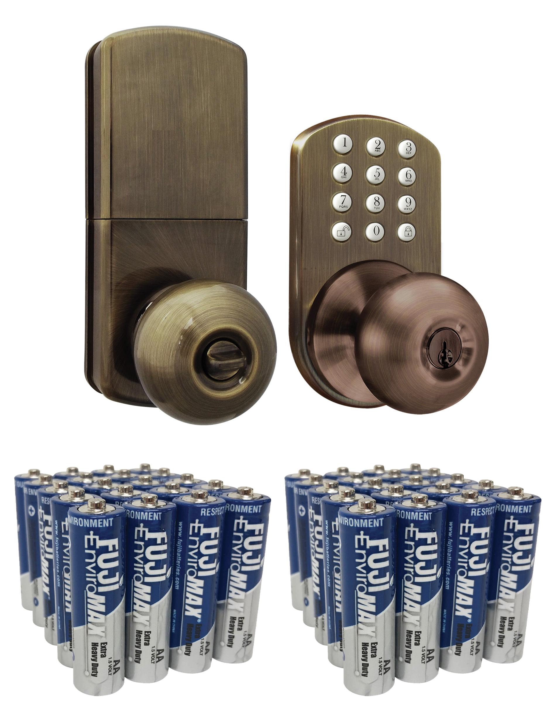 MiLocks HKK-01AQ Touchpad Electronic Doorknob (Antique Brass) & Fuji Batteries 3300BP20 EnviroMax AA Extra Heavy-Duty Batteries (20 pk)