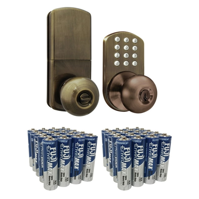 MiLocks HKK-01AQ Touchpad Electronic Doorknob (Antique Brass) & Fuji Batteries 3300BP20 EnviroMax AA Extra Heavy-Duty Batteries (20 pk)