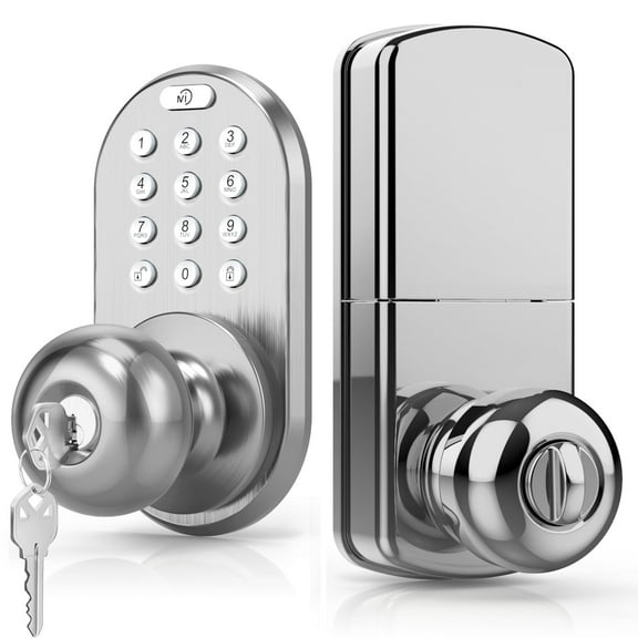MiLocks Keyless Entry Door Lock with Knob, Keypad Knob Lock with Code for Bedroom, Electronic Digital Smart Locks for Front Door, Auto-Lock and One Touch Locking, Easy to Install, Satin Nickel