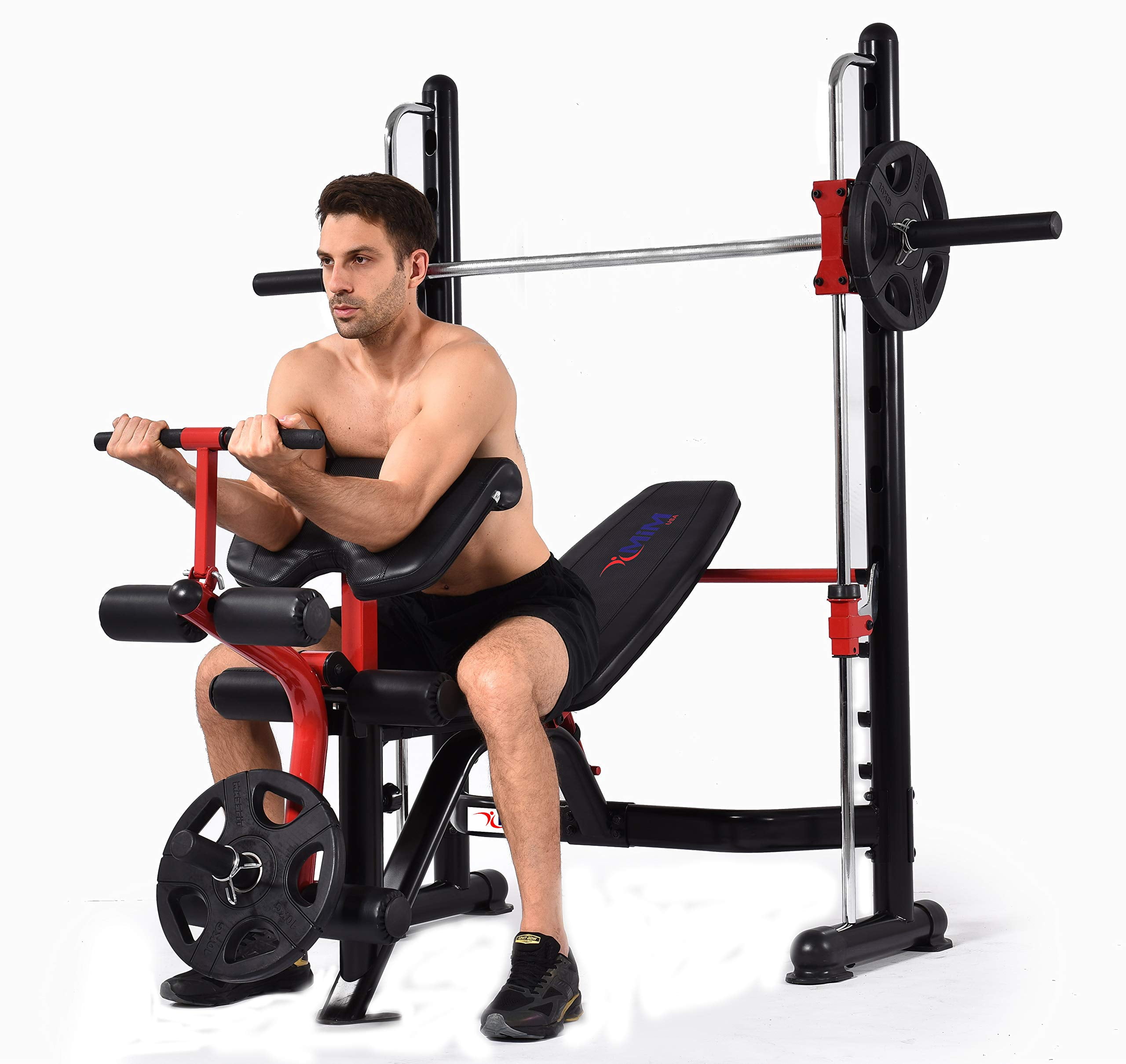 MiM USA Olympic Weight Bench w/Leg Extension Preacher curl Functions, Squat Rack Set