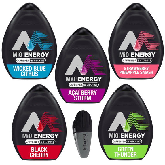MiO Energy Variety Pack - Liquid Water Enhancer Drops, Mio Water Enhancer in Acai Berry, Strawberry Pineapple, Black Cherry, Blue Citrus, Green Thunder Flavors, with VenDesta Magnetic Clip, 1.62 oz