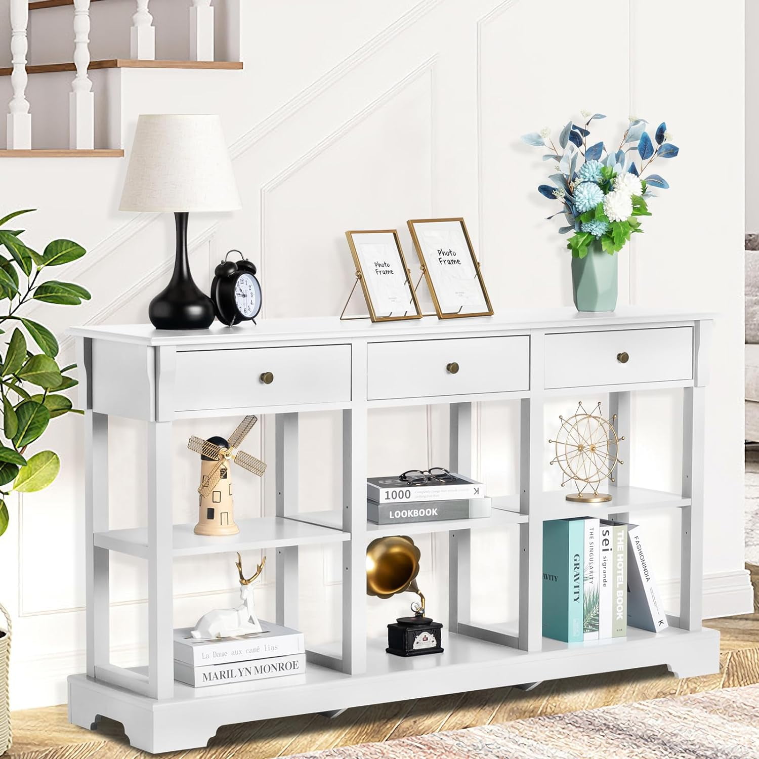 44-Inch Farmhouse Console Table With 3 Drawers & 2 Shelves – White And Brown Wood Sofa Table (Navy Blue + Wood)