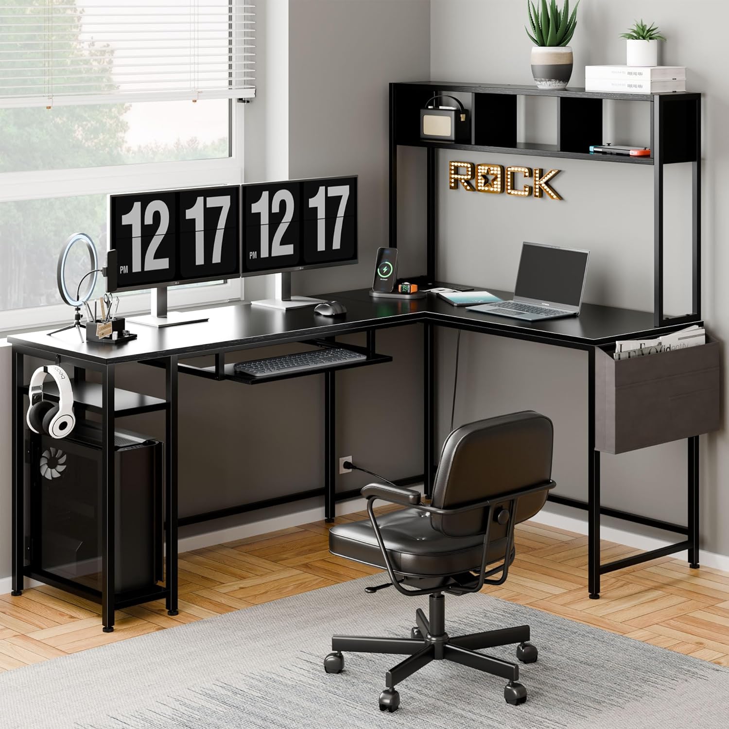 L Shaped Desk with Hutch, 66 inch Corner Computer Desks with Keyboard Tray, Large Home
