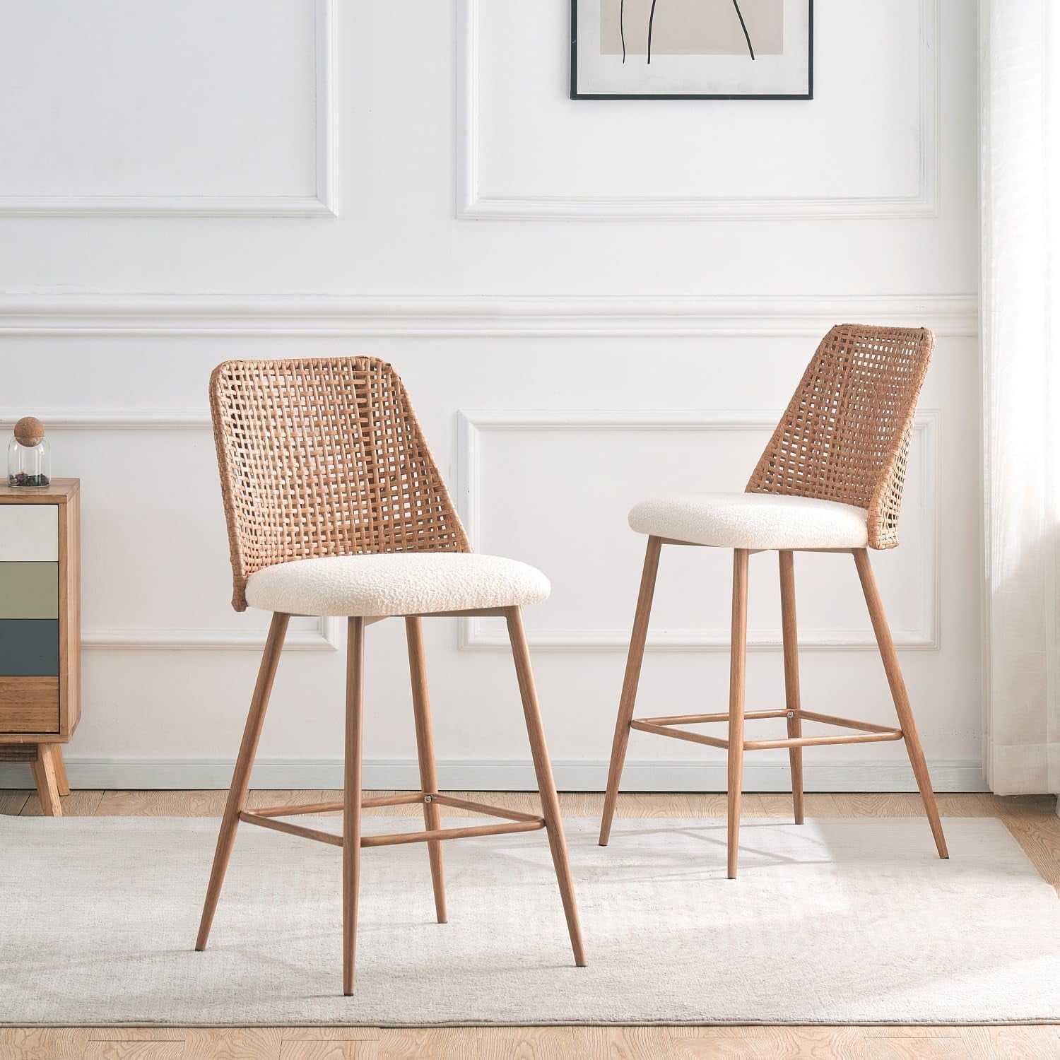 MiSHOP Rattan Counter Height Bar Stools Set of 2, Upholstered Boucle ...